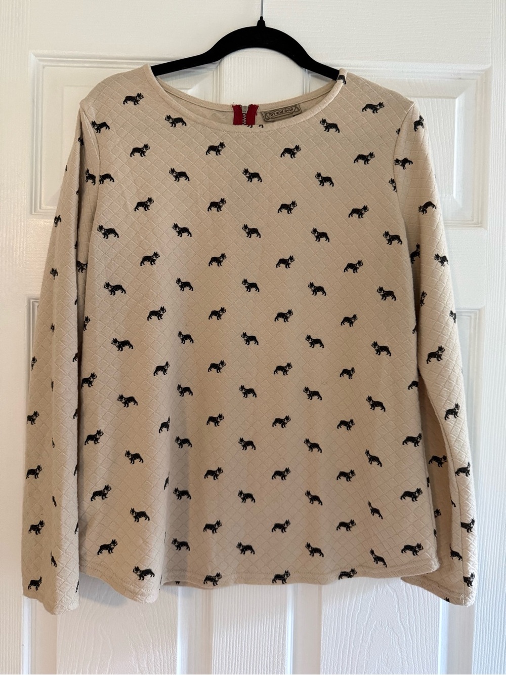 Beige Quilted Long Sleeve Top with Boston Terrier Dog Motif